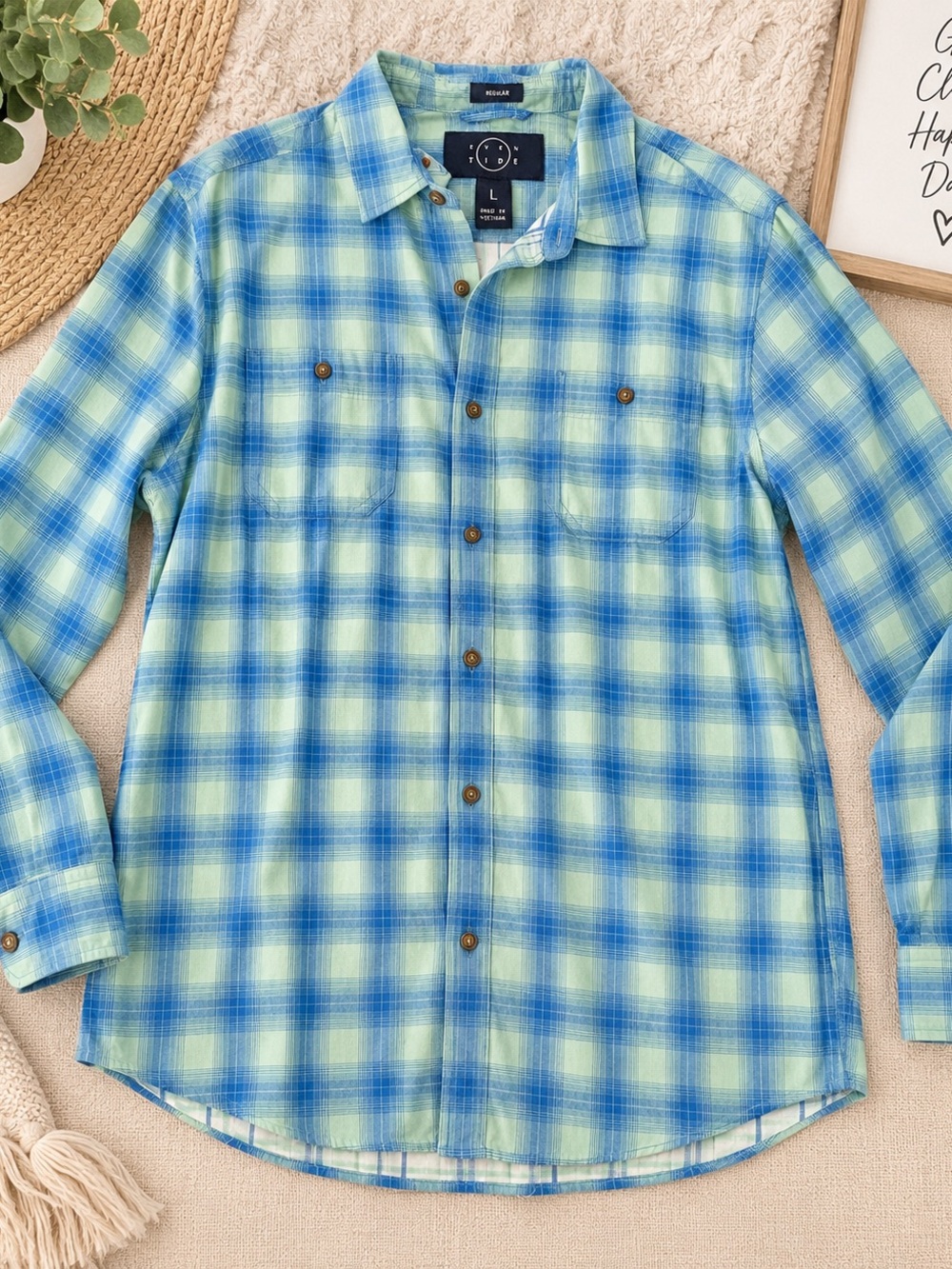 RENUAR L Plaid Button-Down Shirt in Blue & Light Green